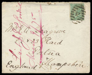 1875 (Jan) flapless cover to Hampshire with GB 1/- green tied by '42'-in-diamond-&-bars cancel of the London Foreign Branch, docketed on the face "Lieut JEC Goodrich", minor blemishes. Lieut Goodrich was serving on the battleship HMS "Audacious" at Penang