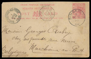 1893 & 1895 2c & 3c Postal Cards 1) to Holland with octagonal French 'LIGNE N/PAQ FR No 2' d/s; and 2) to Belgium with similar '.../...No 6' d/s, very fine 'MARCHIENNE-AU-PONT' arrival cds on the face, soiled. (2)