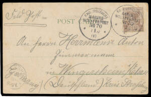1900 PPC of the Singapore (?) "Cricket Club" endorsed "Feld Post" to Germany with Straits 3c brown tied by 'KAIS DEUTSCHE/MARINE-/SCHIFFSPOST/ No 70 /7 10/00' cds, 'WINDERSHEIM' arrival cds, minor soiling. The ship was en route to China in response to the