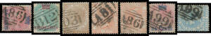 SHIP-BOARD POSTMARKS: British Mail Boat cancels comprising 'A81', 'A86' x2, 'A99' x2 & '[B]03', on 1867 Surcharges on India 12c on 4a & 24c on 8a x2, or 1867-72 Crown/CC 2c 12c & 32c x2, a few minor defects, the strikes are fine to very fine, Cat &pound;680++.