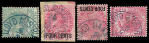 SHIP-BOARD POSTMARKS: Austrian 'LLOYD AUSTRIACO' cds on QV issues, one with '[X]XXVII' at the base, one with '[X]LVI' ("Selene") at the base, the two without number are in blue. Rare on Straits stamps.
