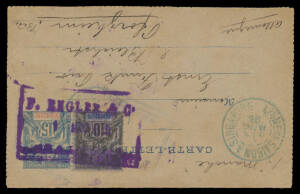 SHIP-BOARD POSTMARKS: 1895 'INDO-CHINE' 15c Letter Card (with bold boxed 'F ENGLER & Co/SAIGON' security datestamp in violet) & 1897 Denis Fr&egrave;res cover both with 'LIGNE DE SAIGON A SINGAPORE' cds in blue, and 1901 Indo-China PPC with 'PAQ/SAIGON A SINGAP