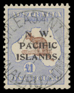 1915-16 NWPI Overprints Kangaroos Third Wmk &pound;1 brown & blue SG 99 type a, very fine 'PO PLEASANT ISLAND/JA18/17/(NAURU)' cds, Cat &pound;450+. A very rare usage in Nauru. [NB: the Madame Joseph forgery of the cds is dated NO2/21]