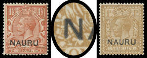 1916-23 Overprints on Great Britain KGV Heads &frac12;d to 1/- complete (ex 2d Die II) all with Short 'N' in 'NAURU', the 2d in a pair with normal stamp, a couple of minor imperfections, Cat &pound;700+. A difficult "set" to assemble. (11 items)