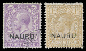 1916-23 Overprints on Great Britain KGV Heads &frac12;d 1d 2d Die I 3d 4d 6d (the colour a little diffused) 9d & 1/- all with Short 'N' in 'NAURU', each with Nauru cds, Cat &pound;460 mint; unpriced used. A rare group. [Busckingham states at page 52 "...after 45 years