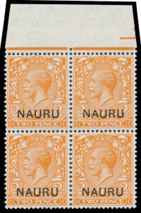 1916-23 Overprints on Great Britain KGV Heads 2d orange Die II marginal block of 4 from the top of the sheet, the second unit with Damage to N A R & U, unmounted, Cat &pound;280++ as mounted singles.