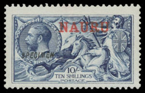 1916-23 Overprints on Great Britain Seahorses Waterlow Printings 10/- indigo with 'SPECIMEN' Overprint Double (One Albino) SG 18sa, lightly mounted, Cat &pound;2500. A very rare stamp of which only 3 examples have been recorded. David Brandon (1984) & RPSofL (2