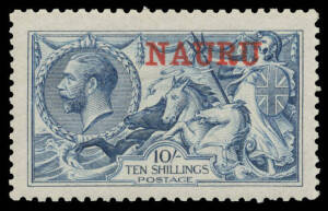 1916-23 Overprints on Great Britain Seahorses De La Rue Printings 10/- dull blue, well centred, Cat &pound;250++. This shade is unlisted by Gibbons. It is appreciably scarcer than the "deep bright blue" shade. [Keith Buckingham at page 72 suggests that only one