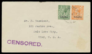 1917 correctly rated cover to Utah with Overprints &frac12;d & 2d tied by light Pleasant Island cds of 23AU/17, superb strike of the 55mm 'CENSORED.' h/s in violet (the earliest recorded usage), minor blemishes.
