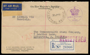 1921-53 stampless official covers to Australia (2), Great Britain (4, two registered), New Zealand or the United States (2), four with 'OFFICIAL PAID/NAURU' cds, three different variants of the '[crown]/ADMINISTRATION/OF/NAURU' handstamps, condition varia
