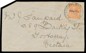 1923 commercial cover to Victoria with scarce franking of Central Overprints 2d orange SG 16 tied by 28&frac12;mm Pleasant Island cds of 25AU23, clipped corner at upper-left & opened on three sides.