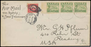 1927 Pflum cover to Pennsylvania "Per Air Mail/via Sydney/& San Francisco" with rare albeit philatelic combination franking of Rough Paper Ships 1d strip of 3 tied by 'NAURU/21SP26/CENTRAL/PACIFIC' cds plus United States 24c Airmail cancelled at San Franc