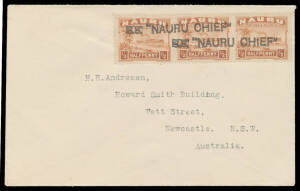 1932 (c.) correctly rated but philatelic cover to NSW with Rough Paper Ships &frac12;d strip of 3 and two superb strikes of the straight-line 'S.S. NAURU CHIEF' handstamp. Eye candy!