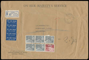 1951 stampless OHMS envelope (266x173mm) with 'ADMINISTRATION OF NAURU/CENTRAL PACIFIC' imprint at lower-left, to Switzerland with "T" in red pencil & on arrival assessed "2.70" (fr) postage due paid with 20c Dam & 50c Cable Car x5 tied by 'BERN 1/BRIEFAU