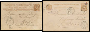 1881 & 1891 different style 7&frac12;c Postal Cards to Holland or France each with 'N-I AGENT SINGAPORE' cds (apparently the ERD & LRD for this marking), the first also with very fine '89'-in-diamond-of-dots cancel used by the Dutch Postal Agent, the other with 