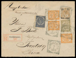 1906 usage of '15 C/NED.-INDIE' Envelope to "Tientsin/China" uprated with 1c olive, 3c orange x3 & 10c slate, 'BANDJERMASIN' squared-circle & registration label, backstamps 'N.I.AGENT SINGAPORE' squared-circle, Hong Kong & Shanghai transits & 'TIENTSIN' a