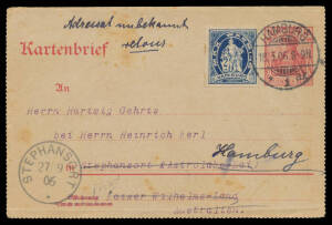 INWARDS MAIL: Mail from Germany comprising four 1904-06 PPCs (one with Bavarian 5pf, another with Seepost cds & 'PENANG TO SINGAPORE' mail sorter cds), 1907 2pf+3pf Postal Card with full message and 1907 & 1908 covers (the first to Karl Viewig with length