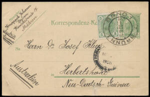 INWARDS MAIL: 1905 (stamp missing) & 1910 PPCs from Japan, 1908 uprated 5h Postal Card from Moravia (Austria) with full message, a very fine 1919 cover from Switzerland, and a very spotty 1909 uprated KEVII 1d Envelope from New Zealand. (5)
