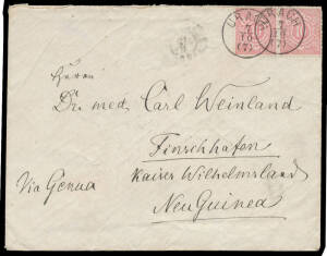 INWARDS MAIL: 1889 cover from Wurttemburg to "Finschhafen/Kaiser Wilhelmsland/Neu Guinea" with 10pf pair tied by 'URACH' cds, Genoa & Soerabaja transit b/s, surprisingly fine for such an early inwards item. Ex Fred Pearson: sold for $2128 at the Prestige 