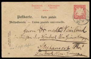 INWARDS MAIL: 1890 (Apr 10) commercial usage of Bavarian 10pf Postal Card to Dr Carl Weinland at Stephansort, no arrival cds (as was the normal practice before 1895), minor blemishes. Rare usage to Stephansort before the Neu-Guinea Compagnie headquarters 