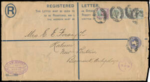 INWARDS MAIL: 1900 usage of British 2d Size K Registration Envelope with superb 'J & W GOFFEY' (shipping company) cachet at lower-left and rare franking of Jubilees 1&frac12;d & 1/- green vertical strip of 3 (one badly damaged) tied by oval 'REGISTERED/EXCHANGE-