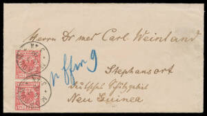 INWARDS MAIL: 1890 commercial cover to Dr Carl Weinland at Stephansort with 10pf pair tied by very fine 'MORSUM' cds, fine 'FINSCHHAFEN' backstamp.