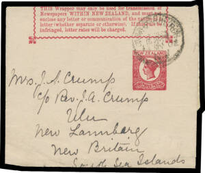 INWARDS MAIL: 1902 usage of New Zealand &frac12;d Wrapper to a missionary at "Ulu/New Launberg/New Britain/South Sea Islands", minor blemishes. [Acquired for $381 at the Prestige auction of 23/6/2001]