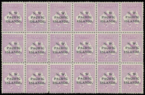 1915-16 Kangaroos Second Watermark 9d violet SG 89 Plate 1 block of 18 (6x3) [L13/30] - types bcc - generally well centred, a few short perfs at the base, very minor pink stain on the gum from interleaving, unmounted, Cat &pound;288++ (mounted).