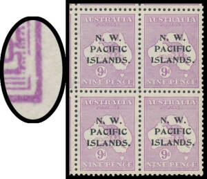 1915-16 Kangaroos Second Watermark 9d violet SG 89 Plate 2 block of 18 (6x3) [L43/60] - types bcc - with Broken Inner-Frame at Lower-Right BW #25(2)n [53] (Cat $900 mounted), generally well centred, unmounted, Cat &pound;288++ (mounted). Ex David Banwell: with 