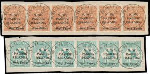 1918 Surcharges 'One Penny' on KGV 5d (type a) & on Kangaroo 1/- (type b) SG 100 & 101 complete horizontal strips of 6, tied to pieces by 'RABAUL/31MY18' cds, Cat &pound;1080++. Rare multiples.