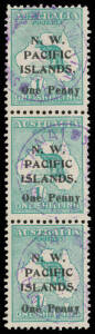 1918 Surcharges 'One Penny' on Kangaroo 1/- SG 101 abc strip, 'NAMATANAI/QUEENSLAND' cds (deteriorating makeready) in violet, Cat &pound;320+.