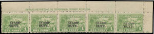 'STAMP/DUTY' OVERPRINTS: 1925 Huts 1d with the Overprint Double Barefoot #1b imprint strip of 5 from the top of the sheet, a little aged/toned & with minor perf reinforcing, Cat &pound;625++ used; unpriced mint. [RAD Heward's toned single sold for $445 at our a