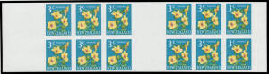 BOOKLETS: 1967 Decimals 3c Flower Imperforate block of 12 (3x2 + 3x2) being two uncut booklet panes, folded in the central gutter & with a couple of minor wrinkles, unmounted. Ex De La Rue Archives. [Only two other similar pieces have been recorded]
