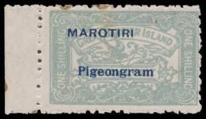 PIGEON POST: 1899 (Aug 24) 1/- 'SPECIAL POST' overprinted 'MAROTIRI/Pigeongram' CP #VP5 marginal example from the left of the sheetlet, a couple of stained perfs at the top, large-part o.g., Cat $NZ5500 (2009). RPSofNZ Certificate (2010). [Sir Gawaine Bai