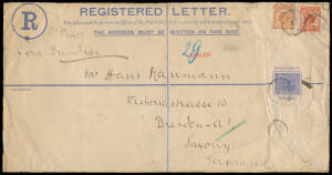 REGISTRATION ENVELOPES: Size K (290x150mm) 1) QV 3d blue to Germany in 1903 with Birds 3d & 1/- tied by Wellington cds, minor faults, and 2) KGV Oval 4d brown, very fine unused; also Tonga size H2 (225x102mm) with Embossed Arms on the Flap 6d (a few fault