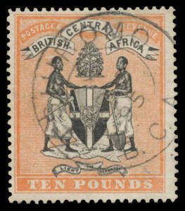 1895 No Watermark &pound;10 black & orange-vermilion SG 30, double-circle 'TSHIROMO/SP5/95/BCA' cds, Cat &pound;5500.