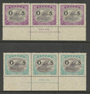 Imprint strips of 3 with Bicolours to 1/- including 1&frac12;d Mullett, 4d Ash, 6d Ash & 1/3d, Surcharges and 'OS' 9d & 1/3d, also 1938 Declaration Airs imprint pairs (**), Double Monogram strips of 3 of the 1917 Surcharges (except 1d on 2&frac12;d) & 3d 'AIR MAIL' Dou