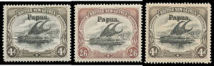 1906 Large 'Papua' Overprints Watermark Horizontal Thick Paper 4d SG 17 (mounted), 1/- SG 19 (a superb corner example, unmounted) & 2/6d SG 20 (very well centred, unmounted), Cat &pound;434+ (mounted). BPA Certificate (1987) for the 2/6d as the then SG 26. (3)