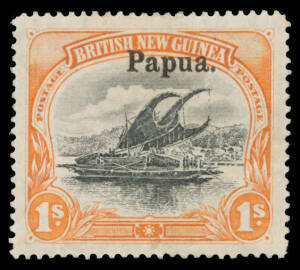 1906 Large 'Papua' Overprints Watermark Vertical 1/- black & orange SG 27, very well centred, minor hinge remainder, Cat &pound;1800. Rare. Chris Ceremuga Certificate (2003). [Better centred than John Williams' example - also with a hinge remainder - that sold 