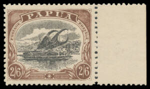 1907 Large 'PAPUA' 2/6d black & brown SG 48 [25] with Blotchy Frameline below 'POSTAGE' at Right (a crude retouch?), Cat &pound;70+. One of the most obvious plate varieties in the series. See "Plating Papua" by Michael Ryan at page 63.
