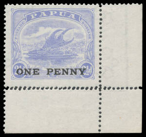 1917 'ONE PENNY' Surcharges 1d on 2&frac12;d SG 108 lower-right corner example with Double Perfs at the Base, unmounted.
