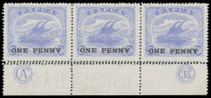 1917 'ONE PENNY' Surcharges 1d on 2&frac12;d SG 108 'CA/JBC' Monograms strip of 3 with Double Perfs at the Base, two units are unmounted.