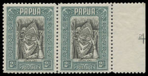 1932 Pictorials 2/- Mask horizontal pair from the right of the sheet with '2/-' in the margin, unmounted. Rare, especially of this quality. [These plate "numbers" were usually guillotined-off]