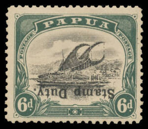 'Stamp Duty.' OVERPRINTS: 1907-10 Small 'PAPUA' Watermark Upright Perf 11 6d black & myrtle-green (SG 53) with Overprint Inverted Barefoot #3a , slightly toned gum, Cat &pound;175 (used). Chris Ceremuga Certificate (2002) states "Very rare as only one sheet of 