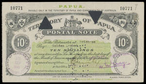 REVENUES: c.1940 'TERRITORY OF PAPUA/POSTAL NOTE' with Five-Digit Serial Numbers in Black & John Ash Imprint at the Base 10/-, double-circle 'POST OFFICE/25/SEP/1941/PORT MORESBY, PAPUA' cds & straight-line 'PORT MORESBY' h/s both in violet, 'PAID/3.11.4