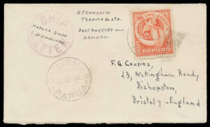 1938 cover endorsed "Steamships/Trading Co Ltd/Port Moresby and/Samarai", to GB with Pictorials 2d Bird of Paradise tied by 'SAMARAI ED' cds and very scarce albeit philatelic usage of rubber 30mm 'SHIP/("PAPUAN CHIEF/GO Andersen")/LETTER' h/s (Lee #S10; 