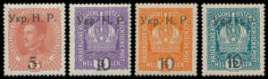 WESTERN UKRAINE: 1918 (Dec 12) Kolomyia Surcharges on Austria '5' (sotyk) on 15h to '10' (sotyk) on 12h Scott #5-8, a few minor blemishes, large-part o.g., Cat $US3500 (2012).