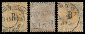 Straits Settlements Crown/CC 2c brown SG Z1 with fine large-part oval '[BORNE]O COMPAN[Y]/[FOR]WARDED/SIAM' "chop", very fine; & 'B' Overprint on Crown/CA 8c orange SG 20 x2, one with blue "chop" & '[BAN]GKOK/AP9/84' cds, the other with superb oval '[...]