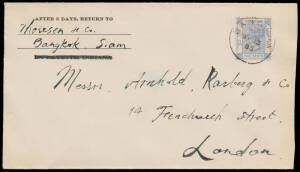 HONG KONG USED IN THAILAND: 1885 cover endorsed "Thoresen & Co/Bangkok Siam" to London with Hong Kong 5c blue tied by largely very fine 'BANGKOK/MY13/85' cds, London arrival b/s in red. Very attractive. Philatelists Association of Thailand Certificate (20