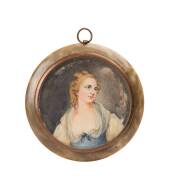 A pair framed miniature portraits painted on ivory and housed in fine tortoise shell frames with silver and mother of pearl inlay, 19th Century. 8cm diameter 